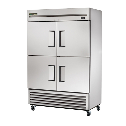 True T-49-4-HC 4 Stainless Steel Half Doors 6 PVC Coated Adjustable Wire Shelves Interior Lightning Reach-In Refrigerator - 115 Volts
