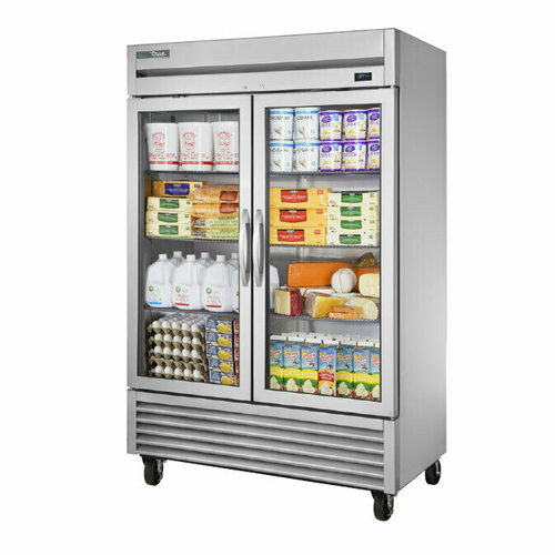 True T-49G-HC~FGD01 2 Glass Doors 6 PVC Coated Adjustable Wire Shelves LED Interior Lightning Reach-In Refrigerator - 115 Volts