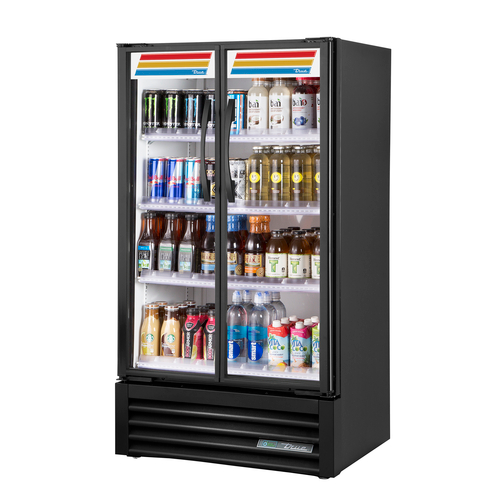 True TVM-30-HC~VM03 White Interior Black Powder Coated Exterior 2 Glass Hinged Doors Visual Refrigerated Merchandiser - 115 Volts