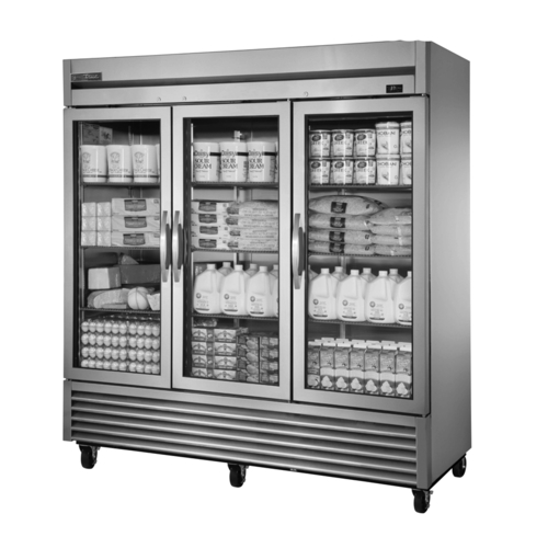 True TS-72G-HC~FGD01 3 Glass Doors 9 Gray PVC Coated Adjustable Wire Shelves LED Interior Lightning Reach-In Refrigerator - 115 Volts