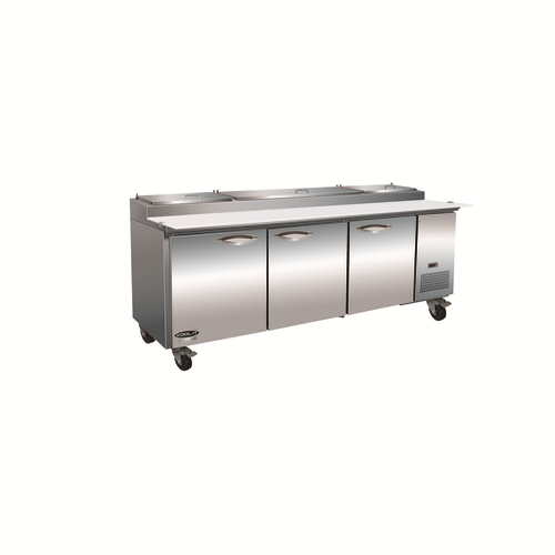 MVP Group IPP94-2D 94.2"W x 32.3"D x 41.7"H Stainless Steel Front and Sides Doors and Drawers 3 Section IKON Pizza Prep Table - 115 Volts