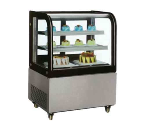 Omcan USA 39539 36" W x 26.6"D x 50.2"H Stainless Steel Floor Model Curved Glass Refrigerated Display Case - 110 Volts 1-Ph