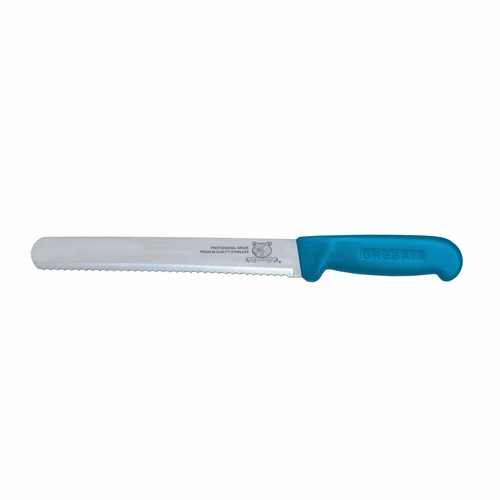 Omcan USA 12656 10" Blue Handle Straight Blade Wave Edge Slicing Knife