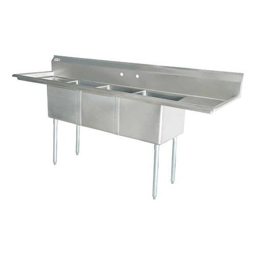 Omcan USA 43778 90" W Stainless Steel 18 Gauge Three Compartment with Drainboards Pot Sink