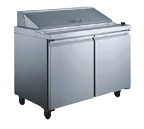 Omcan USA 50046 47" W Stainless Steel 2 Doors Refrigerated Pizza Prep Table -110 Volts 0.25 HP