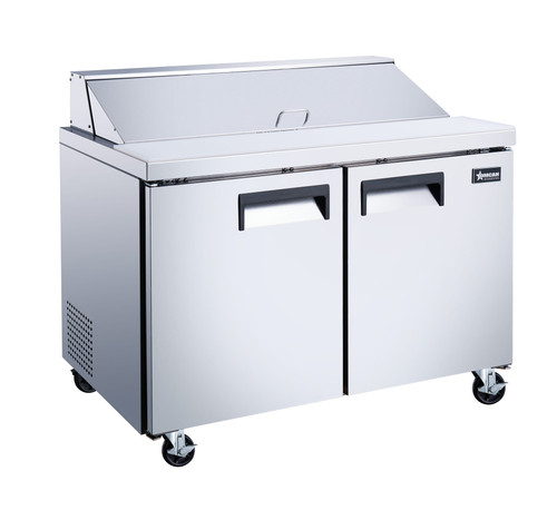 Omcan USA 50046 47" W Stainless Steel 2 Doors Refrigerated Pizza Prep Table -110 Volts 0.25 HP
