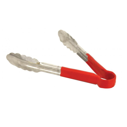 Omcan USA 80541 9" Stainless Steel with Red Plastic Coated Handle Utility Tongs