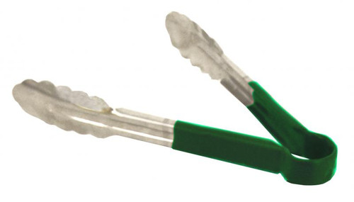 Omcan USA 80539 9" Stainless Steel with Green Plastic Coated Handle Utility Tongs