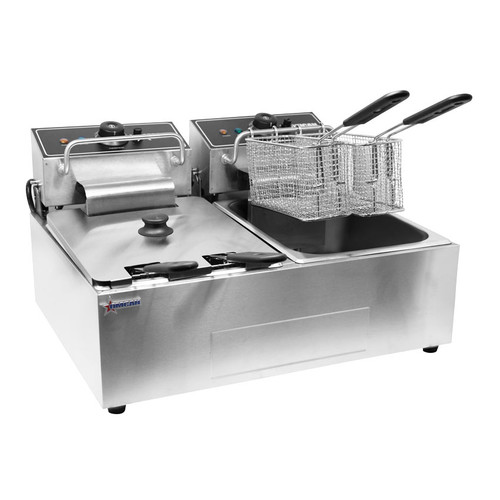Omcan USA 39372 12 L Stainless Steel Electric Countertop Double Fryer - 220 Volts 1-Ph