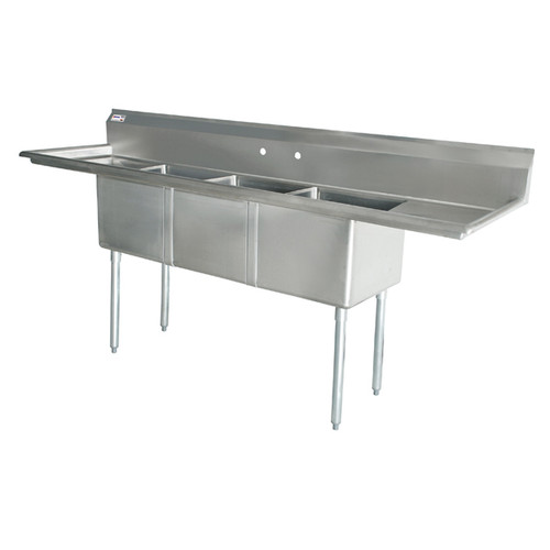 Omcan USA 43756 62" W Stainless Steel 18 Gauge Three Compartment with Drainboards Pot Sink