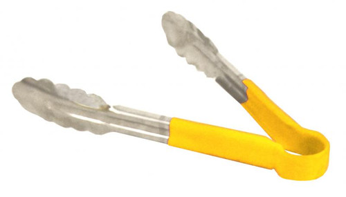 Omcan USA 80542 9" Stainless Steel with Yellow Plastic Coated Handle Utility Tongs