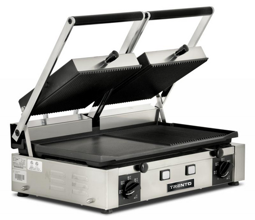 Omcan USA 11380 10" x 19" Grooved Top and Smooth Bottom Dual Elite Series Sandwich Grill - 220 Volts