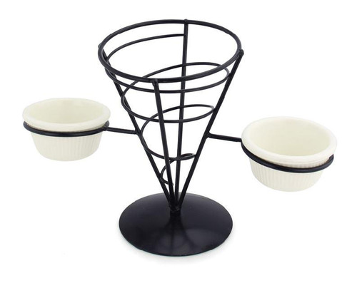 Omcan USA 80255 Black Wire Cone French Fry Holder with 2 Ramekin Holders