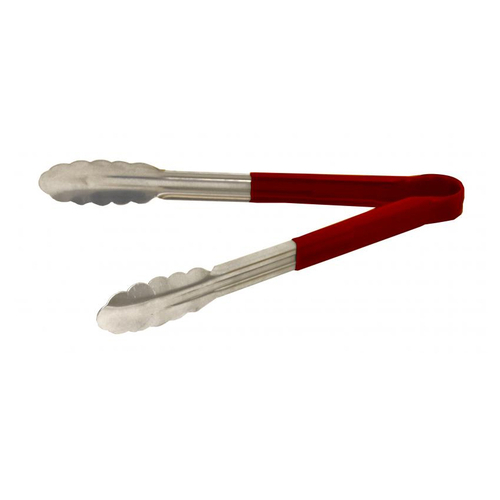 Omcan USA 80546 12" Stainless Steel with Red Plastic Coated Handle Utility Tongs