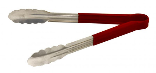 Omcan USA 80546 12" Stainless Steel with Red Plastic Coated Handle Utility Tongs