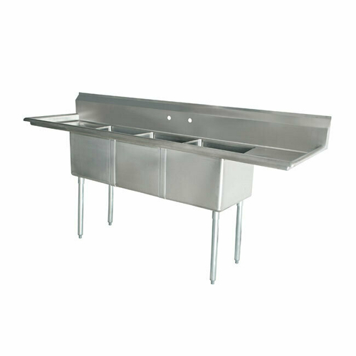 Omcan USA 43763 90" W Stainless Steel 18 Gauge Three Compartment with Drainboards Pot Sink