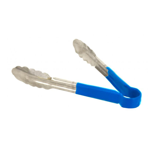 Omcan USA 80538 9" Stainless Steel with Blue Plastic Coated Handle Utility Tongs