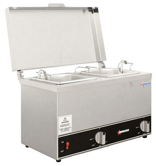 Omcan USA 44182 16.26" W x 11.02" D Stainless Steel Countertop Double Pot Sauce Warmer - 120 Volts 400 Watts