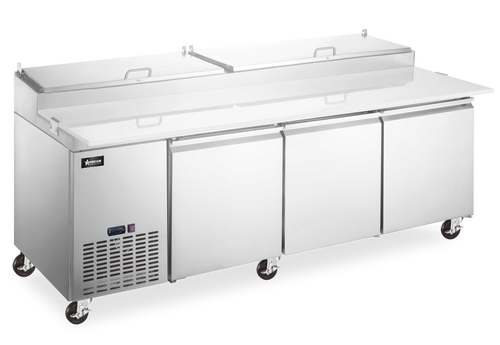 Omcan USA 50044 92" W Stainless Steel 3 Doors Refrigerated Pizza Prep Table -110 Volts 0.25 HP