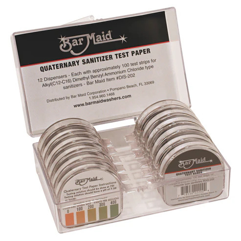 Bar Maid DIS-202 Quaternary Strips 100 Strips per Dispenser Sanitizer Test Strips Dispenser