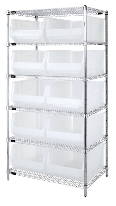 Quantum WR6-954CL 36" W x 24" D Chrome Plated 6 Shelves Bin Wire Shelving System