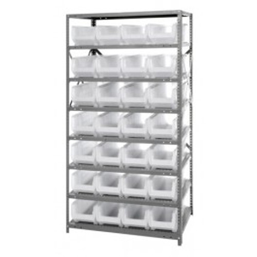 Quantum 2475-950CL 75" H x 36" W x 24" D Heavy Duty Galvanized Steel Finish 28 Clear Bins Shelving Unit