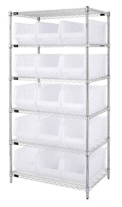 Quantum WR6-953CL 36" W x 24" D Chrome Plated 6 Shelves Bin Wire Shelving System