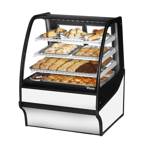 True TDM-DC-36-GE/GE-W-W 36.25" W White Powder Coated with Curved Glass Dry Non-Refrigerated Display Merchandiser - 115 Volts