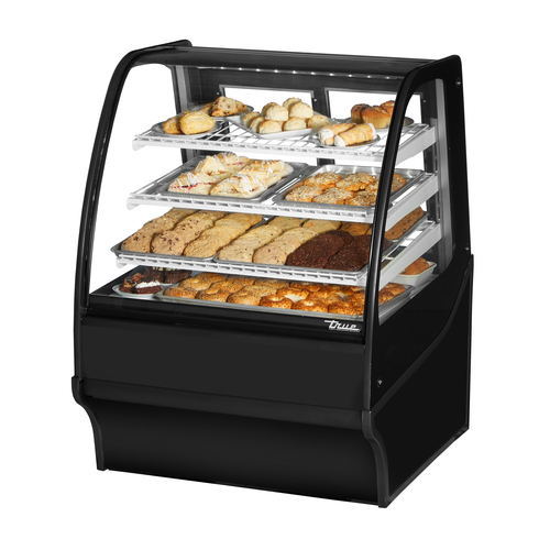 True TDM-DC-36-GE/GE-B-W 36.25" W Black Powder Coated with Curved Glass Dry Non-Refrigerated Display Merchandiser - 115 Volts