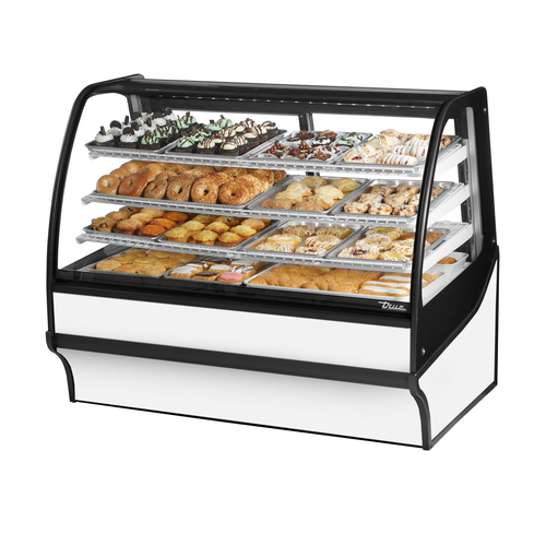 True TDM-DC-59-GE/GE-W-W 59.25" W White Powder Coated with Curved Glass Dry Non-Refrigerated Display Merchandiser - 115 Volts