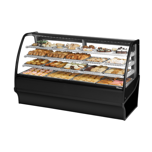 True TDM-DC-77-GE/GE-B-W 77.25" W Black Powder Coated with Curved Glass Dry Non-Refrigerated Display Merchandiser - 115 Volts