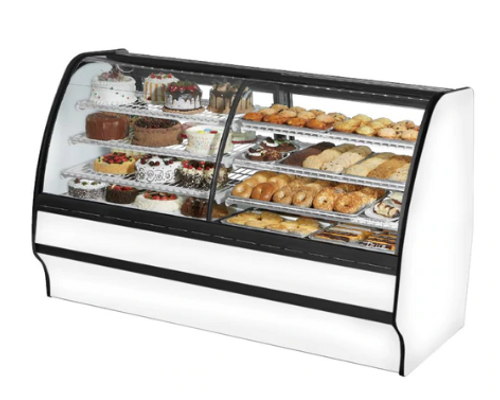 True TGM-DZ-77-SC/SC-W-W 77.25" W White Finish with Curved Glass Dual Zone Glass Merchandiser - 115 Volts