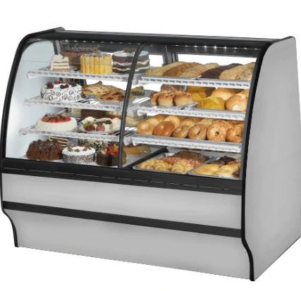 True TGM-DZ-59-SC/SC-S-W 59.25" W Stainless Steel White Finish with Curved Glass Dual Zone Glass Merchandiser - 115 Volts