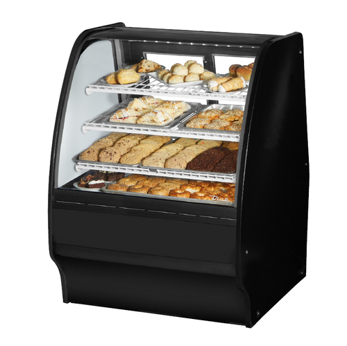 True TGM-DC-36-SC/SC-B-W 36.25" W White and Black Finish with Curved Glass Non-Refrigerated 3 Shelves Glass Merchandiser - 115 Volts