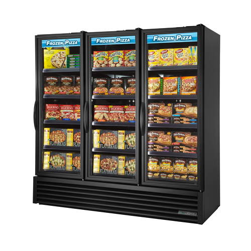 True FLM-81~TSL01 White Interior Powder Coated Steel Exterior 3 Double Pane Thermal Insulated Glass Swing Doors LED Interior Lights Full Length Refrigerated Merchandiser - 115 Volts