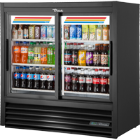 True GDM-41C-48-HC-LD White Aluminum Interior Black Laminated Vinyl Exterior Low-E Thermal Glass Sliding Doors LED Interior Lights Refrigerated Merchandiser - 115 Volts