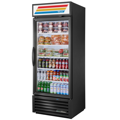 True GDM-26-HST02-HC~TSL01 Black Powder Coated Steel 1 Glass Hinged Door Refrigerated Merchandiser with Health Safety Timer - 115 Volts