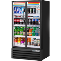 True TVM-30SL-HC~VM03 White Interior Black Powder Coated Exterior 2 Self-Closing Glass Hinged Doors Slim Line Visual Refrigerated Merchandiser - 115 Volts