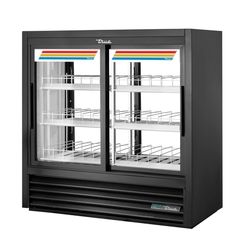 True GDM-41CPT-48-HC-LD White Interior Black Powder Coated Exterior 2Front 2 Back Low-E Thermal Glass Sliding Doors LED Interior Lights Refrigerated Merchandiser - 115 Volts