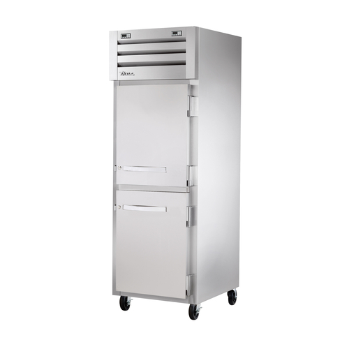 True STG1DTA-2HS-HC 2 Stainless Steel Half Doors 3 Gray Shelves LED Interior Lights Reach-In SPEC SERIES Refrigerator or Freezer - 115 Volts