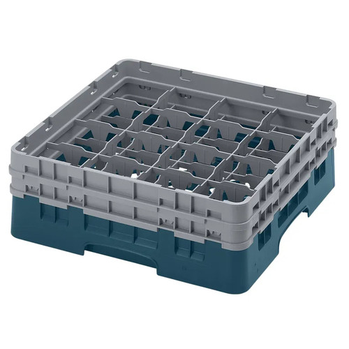 Cambro 16S434414 19 3/4" x 19 3/4" x 7 1/4" Teal 16 Compartments Full Size with 2 Extenders Camrack Glass Rack - 4 Cases