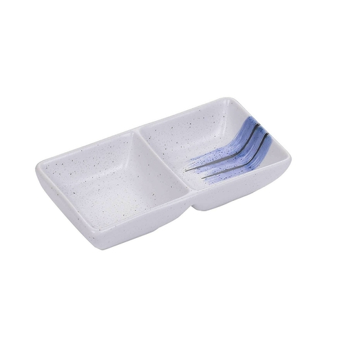 Yanco OC-4031 2 Oz. White and Blue Porcelain Rectangular Ocean Double Sauce Dish