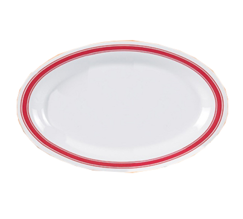 Yanco HS-213 13.5" L x 10.25" W White Melamine Oval Houston Platter with Red Band