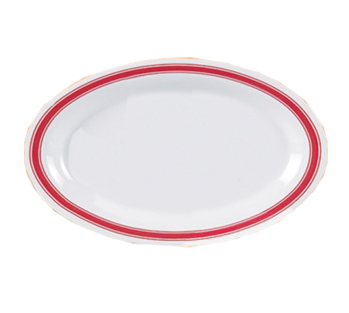 Yanco HS-209 9.5" L x 7.25" W White Melamine Oval Houston Platter with Red Band