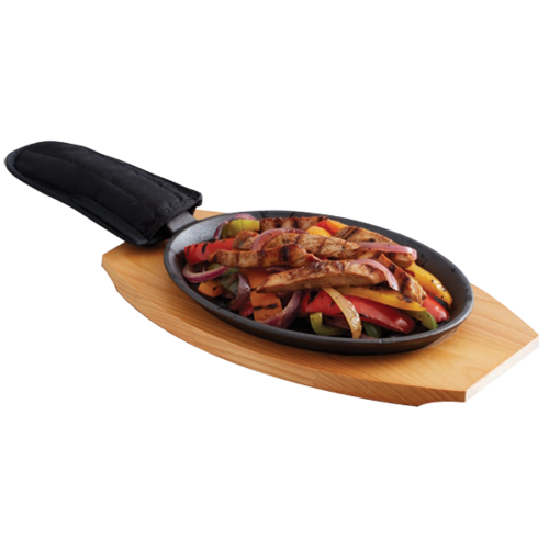 Chef Master 90201 16" W x 7.5" D x 1.2" H Oval Cast Iron Sizzler with Wood Based Server Chef Master Fajita Platter Set