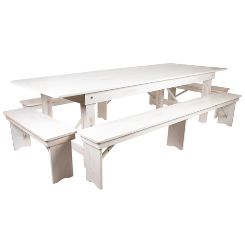 Flash Furniture XA-FARM-7-WH-GG Solid Pine Rectangular Antique Rustic White Plank Top Wood Base Hercules Series Folding Farm Table Set