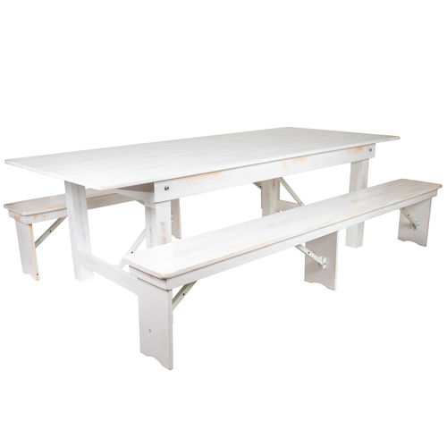 Flash Furniture XA-FARM-4-WH-GG Solid Pine Rectangular Antique Rustic White Plank Top Wood Base Hercules Series Folding Farm Table Set