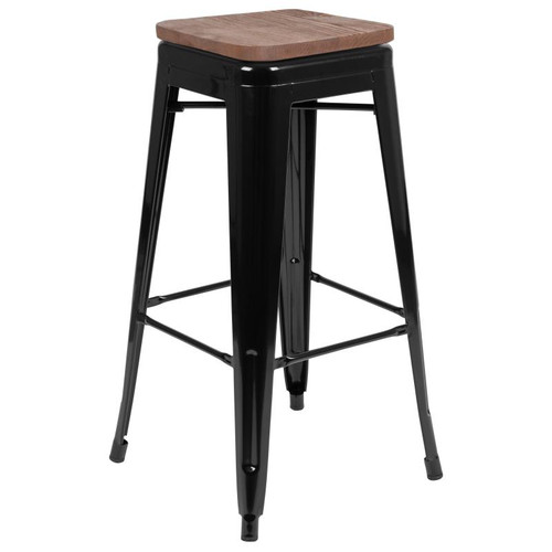 Flash Furniture 4-ET-31320W-30-BK-R-GG 500 Lbs. Black Metal Frame with Wood Seat Indoor Bar Stool