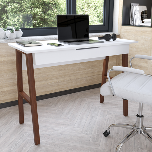 Flash Furniture GC-MBLK60-WH-WAL-GG White Laminate Top with A-Frame Walnut Base Computer Desk