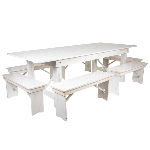 Flash Furniture XA-FARM-3-WH-GG Solid Pine Rectangular Antique Rustic White Plank Top Wood Base Hercules Series Folding Farm Table Set